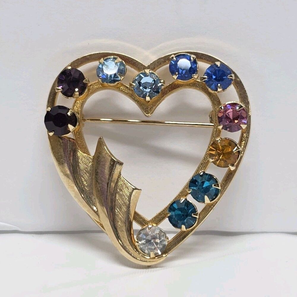 Vintage CATAMORE 12K Gold Filled Heart Brooch Pin Multicolor Rhinestones USA